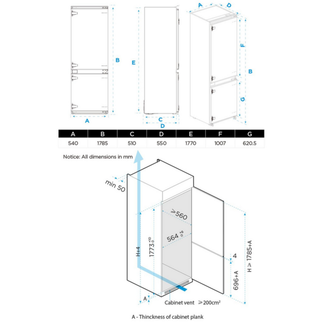 Midea MDRE379FGE01D 54cm 70/30 Built-In Fridge Freezer